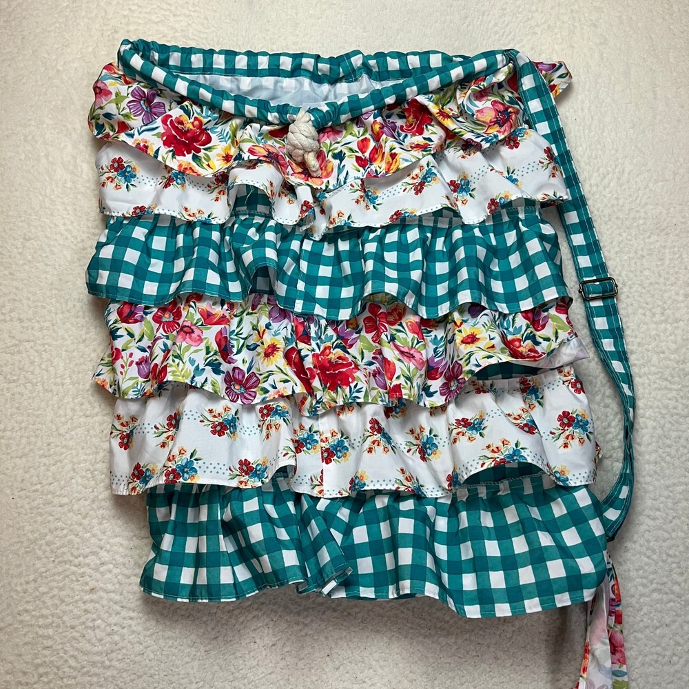 The Pioneer Woman Laundry Bag Teal Floral Gingham Ruffle Hobo Drawstring